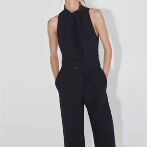 Women’s ZARA Black Jumpsuit Belted Wide Leg High Neck Sleeveless romper XS